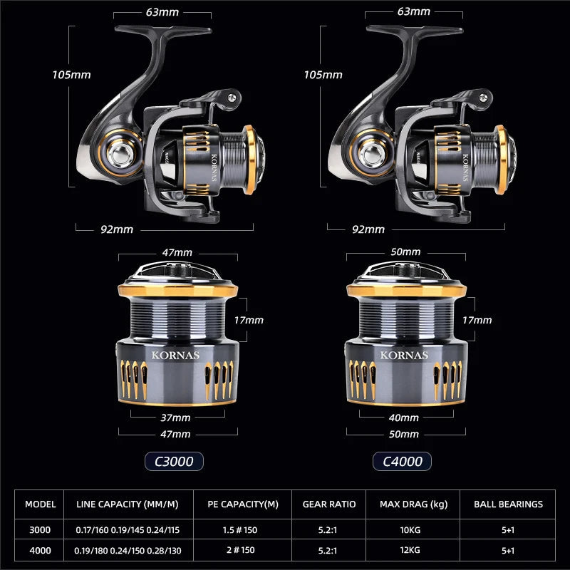 MEREKING KORNAS Series Rust Free And Smooth Bearing 5.2:1 Spinning Fishing Reel Drag 12Kg Max Power Spinning Wheel Fishing Coil Mapêche.com