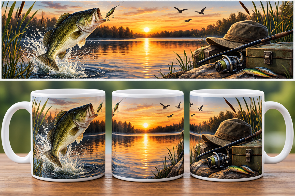 🎣 Collection Mugs Pêcheur – Coucher de Soleil & Carnassiers (Black-Bass, Brochet, Carpe, Perche)