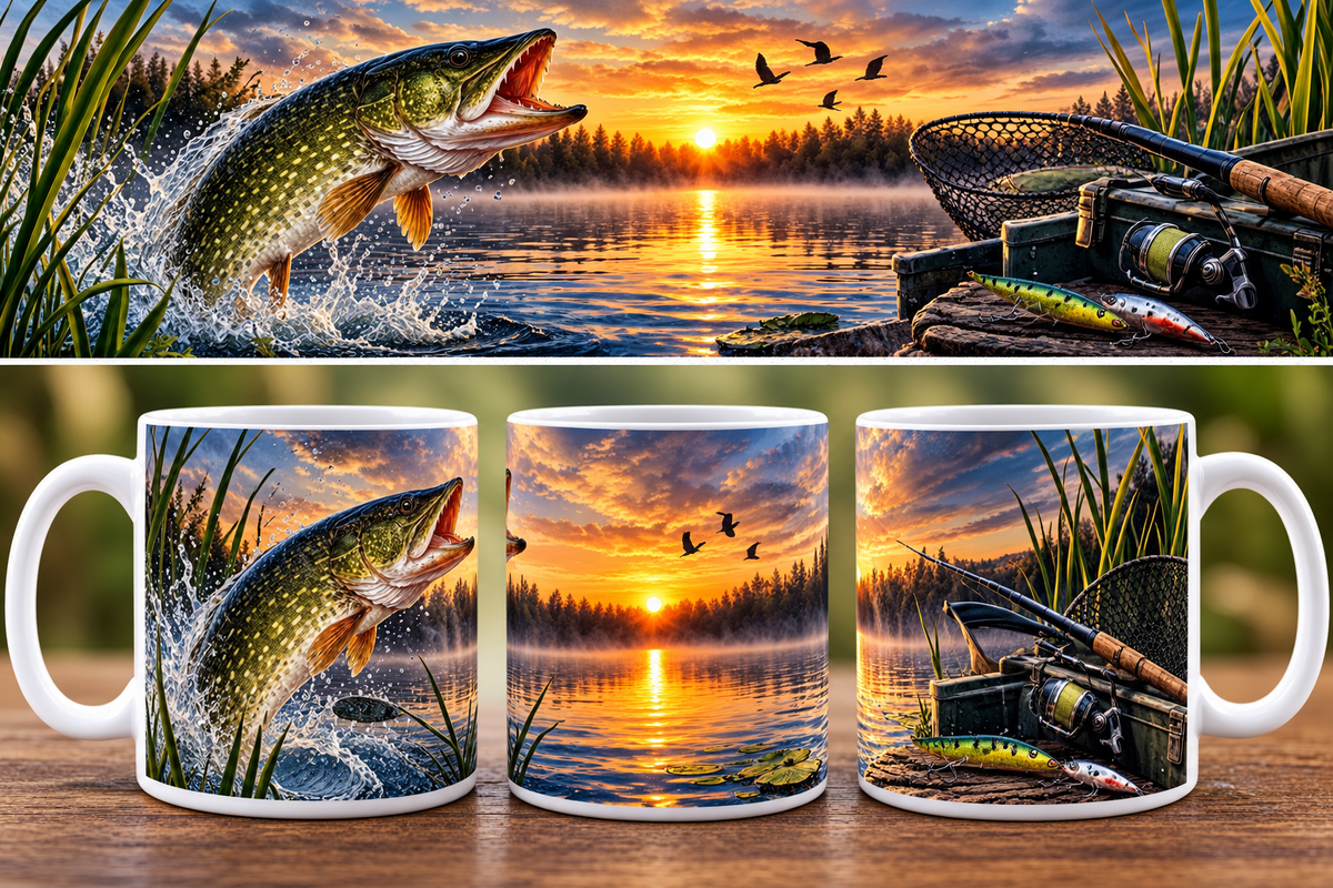 🎣 Collection Mugs Pêcheur – Coucher de Soleil & Carnassiers (Black-Bass, Brochet, Carpe, Perche)