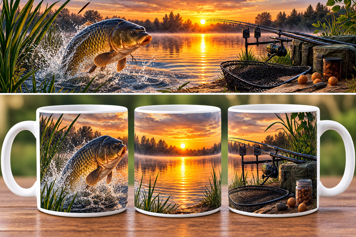 🎣 Collection Mugs Pêcheur – Coucher de Soleil & Carnassiers (Black-Bass, Brochet, Carpe, Perche)