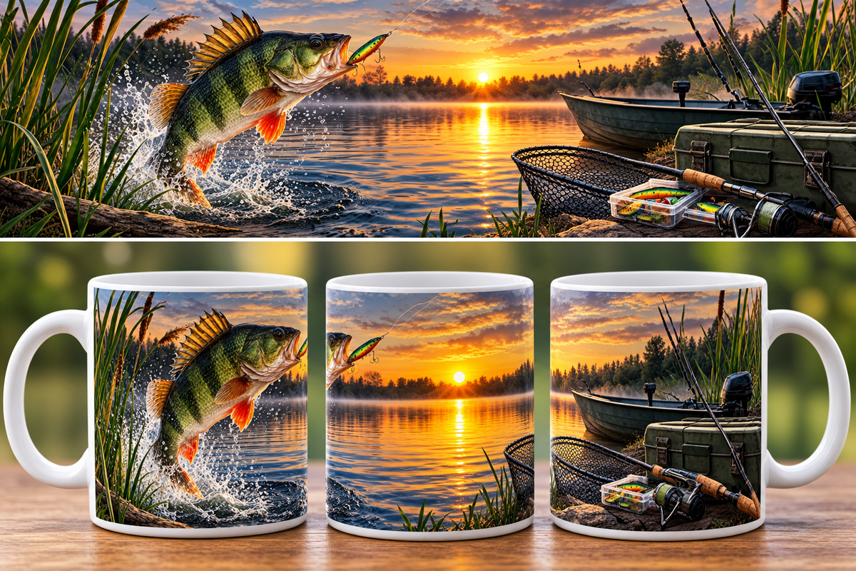 🎣 Collection Mugs Pêcheur – Coucher de Soleil & Carnassiers (Black-Bass, Brochet, Carpe, Perche)